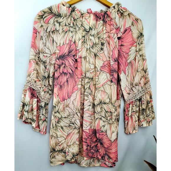 Spense Size S Pink Lace Boho Neck Lightweight Blouse Bell Sleeve Womens Small - Picture 3 of 12